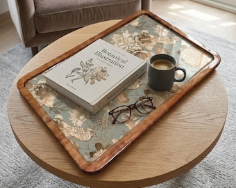 Wooden Serving Tray, Floral Botanical Chinoiserie Design, Vintage Style Coffee Table Accent