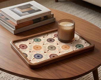 Boho Floral Serving Tray, Decorative Wooden Ottoman Tray (7 x 11 inches)