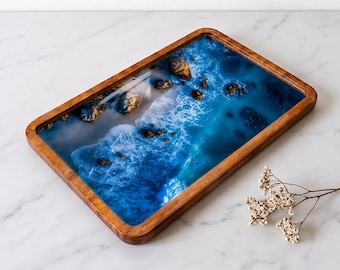 Ocean Wave Wooden Serving Tray, Coastal Beach Decor Tray (7 x 11 inches)