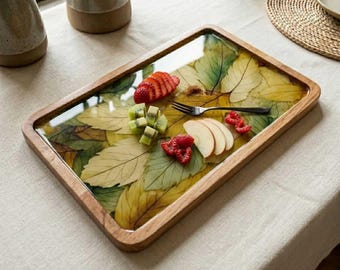 Plateau fait main en bois émaillé avec motif feuille pressée, plateau de service, décoration d'intérieur
