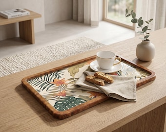 Handgemaakt houten decoratief dienblad met botanisch monsterablad voor salontafel (7 x 11 inch)