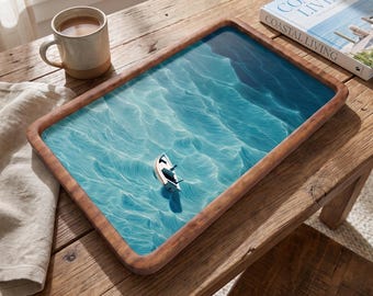 Bandeja de madera con diseño de barco y olas del océano, bandeja decorativa costera (7 x 11 pulgadas)