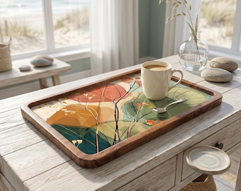 Houten dienblad met abstract botanisch ontwerp | Decoratief dienblad voor salontafel (7 x 11 inch)