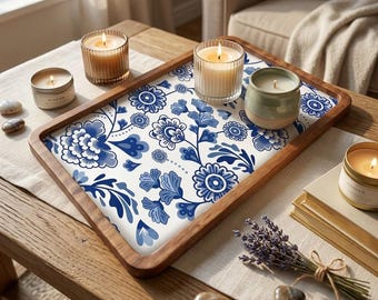 Blauw dienblad met bloemen | Op Delfts geïnspireerd decoratief Ottomaanse houten dienblad (7 x 11 inch)