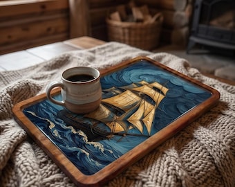 Houten dienblad zeilschip, decor nautische oceaan (7 x 11 inch)