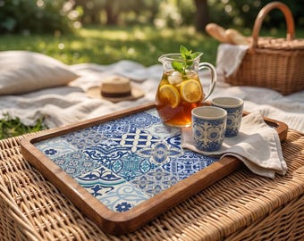 Blauwe houten dienblad met mediterrane tegels, Portugees azulejo-decorblad (7 x 11 inch)