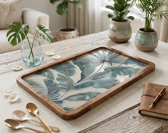 Handgemaakt houten dienblad, tropische bladkunst, geëmailleerde afwerking, salontafeldecor