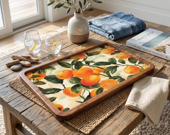 Handgemaakt houten dienblad met oranjebloesemprint, decoratief dienblad voor de salontafel