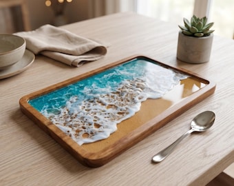 Ocean Wave Resin Serving Tray – Wooden Nautical Beach Decor, 7x11 Inches