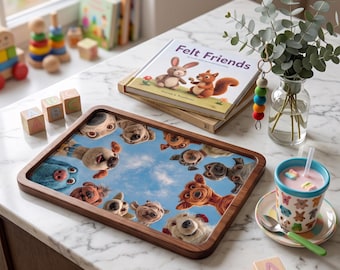 Funny Dog Selfie Wooden Serving Tray, Puppy Snack Tray for Kids - (7 x 11 inches)