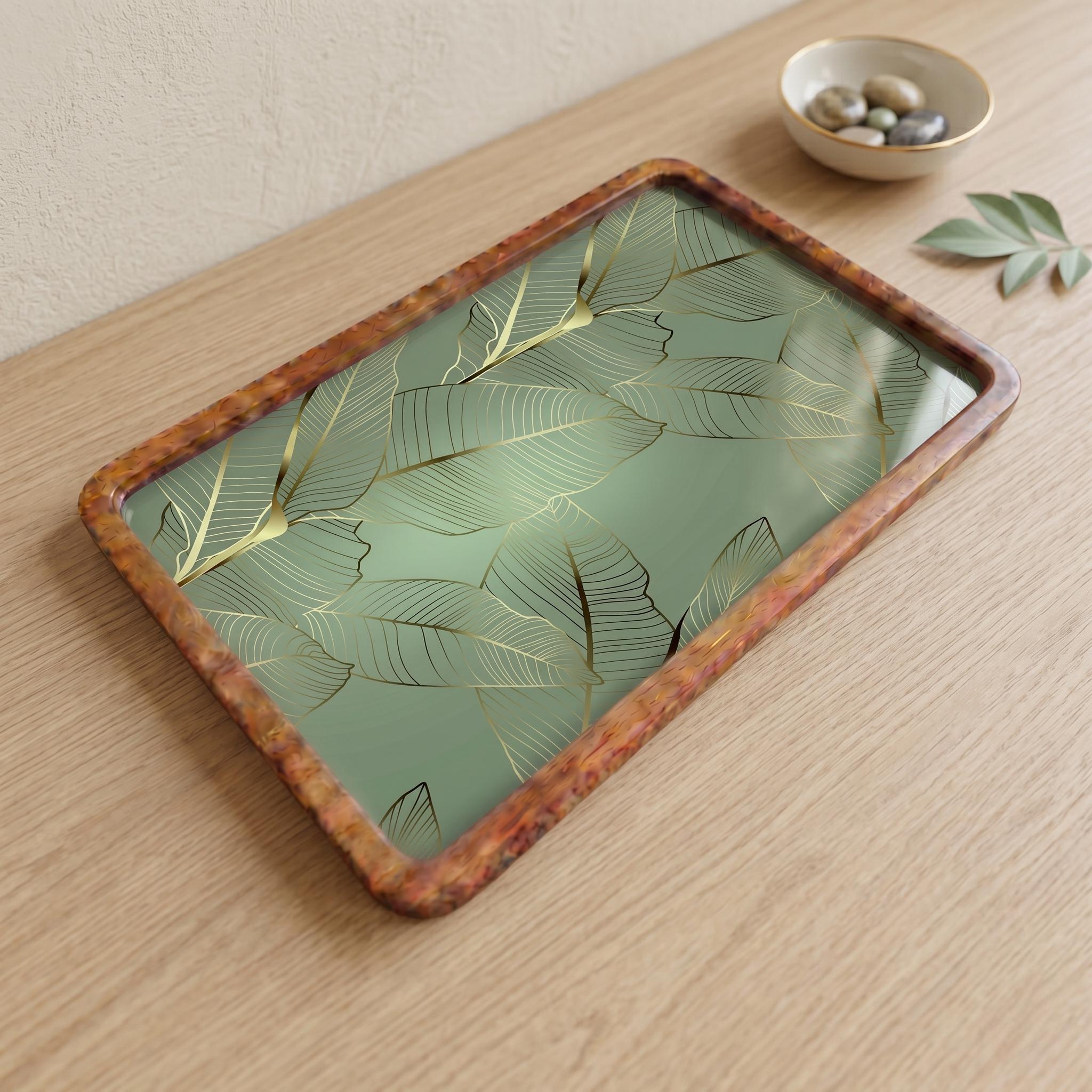 Sage Green Botanical Decorative Tray - Minimalist Wooden Serving Tray