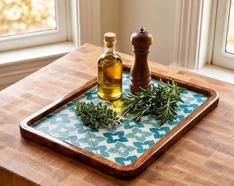 Blauwe Marokkaanse tegel houten dienblad | Decoratief voetenbankje (7 x 11 inch)