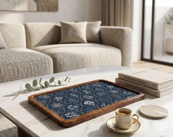 Marineblauw houten dienblad met bloemen, decoratief dienblad voor koffie (7 x 11 inch)
