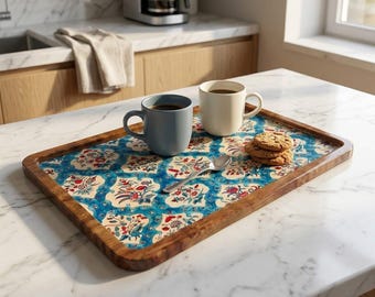 Blauw houten dienblad met bloemen | Turks geïnspireerd decoratief dienblad (7 x 11 inch)