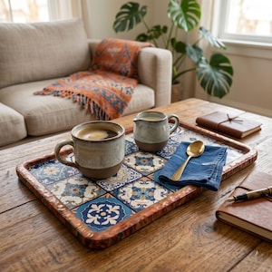 May include: A coffee table arrangement with a patterned tray holding a coffee mug, a creamer jug, a blue napkin, and a gold spoon. The tray has a copper-toned edge. A leather journal and pen are also on the wooden table.
