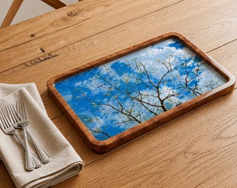 Sky Blossom Wooden Serving Tray, Coffee Tea Breakfast Tray (7 x 11 inches)