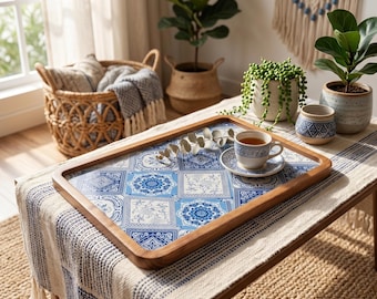 Handgemaakt houten dienblad met blauwwit tegelpatroon, decoratief Ottomaans dienblad (7 x 11 inch)