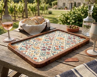 Traditioneel houten dienblad in Pichwai-stijl, vintage salontafeldecor met bloemenblokprint
