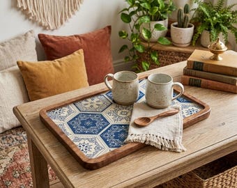Blauwe mediterrane tegel houten dienblad | Portugees azulejoblad (7 x 11 inch)
