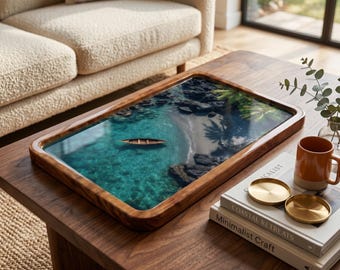 Handgemaakt houten decoratief dienblad – tropisch strand- en bootontwerp, luxe serveer- en salontafeldecor