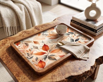 Houten dienblad met herfstbladerenpatroon, decoratief dienblad voor salontafel (7 x 11 inch)
