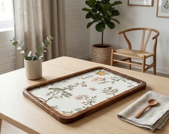 Dienblad met vintage bloemenvogel en houten frame, decoratief dienblad met cottage-kern (7 x 11 inch)