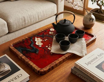 Handgemaakt houten decoratief dienblad met kersenbloesemkunst, dienblad, woondecoratie