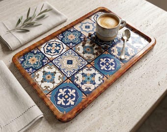 Handgemaakt houten dienblad – mozaïekpatroon, salontafeldecor in mediterrane Marokkaanse stijl