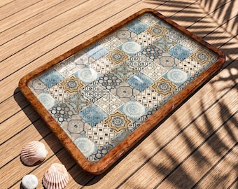 Neutral Mediterranean Tile Wooden Serving Tray, Beige Blue Decorative Tray (7 x 11 inches)