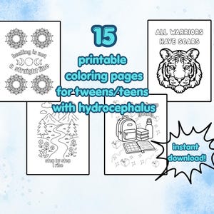 Könnte beinhalten: Digitaler Download mit 15 ausdruckbaren Malvorlagen für Teenager. Die Seiten zeigen Designs wie Mandalas, eine Tigerillustration und inspirierende Zitate. Das Bild enthält auch den Text "sofortiger Download!" und "healing is not a straight line."
