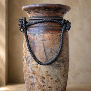Pot décoratif en bois patiné avec corde – Vase rustique artisanal  – Hauteur 36 cm