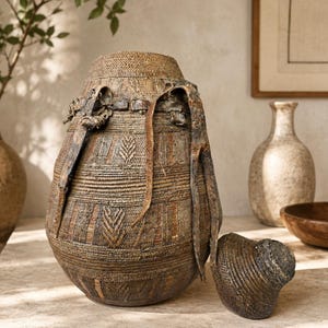 May include: A large, round, woven vessel with a textured, dark brown finish and intricate geometric patterns. It features a narrow neck, a matching woven lid resting beside it, and two long, weathered leather straps attached to the upper rim.