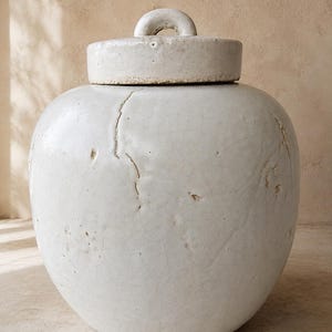 Op de afbeelding: Een grote, gebroken witte keramische pot met een bijpassend deksel voorzien van een afgerond handvat. De pot heeft een bolvormig ontwerp en een geglazuurde afwerking met een zichtbaar netwerk van fijne barstjes en kleine inkepingen.