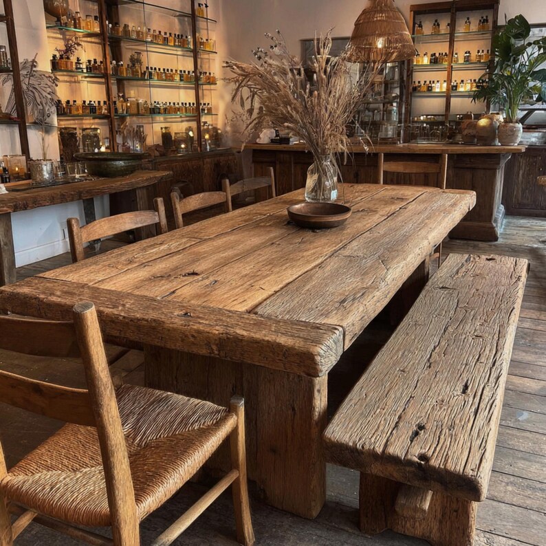 Peut inclure: Une table &agrave; manger rustique en bois avec un banc et des chaises assortis. La table est en bois vieilli et a une finition naturelle. Un vase en verre avec des fleurs s&eacute;ch&eacute;es est pos&eacute; sur la table. La pi&egrave;ce d&eacute;gage une atmosph&egrave;re chaleureuse et accueillante.