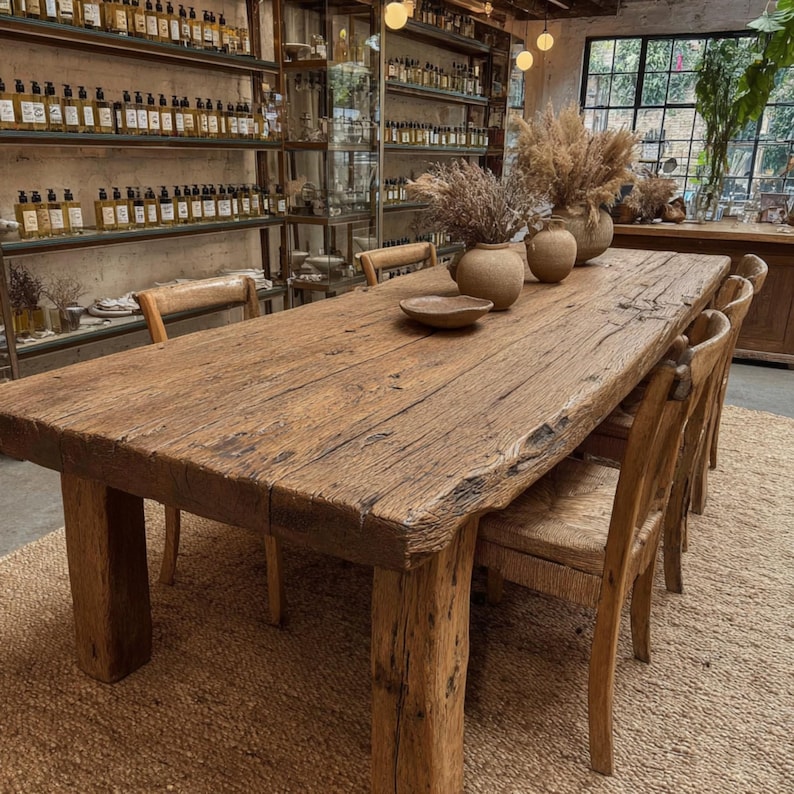 Peut inclure: Une grande table &agrave; manger rectangulaire en bois, d'aspect rustique et vieilli. La table est soutenue par de gros pieds carr&eacute;s et entour&eacute;e de plusieurs chaises en bois. Des vases d&eacute;coratifs et un bol sont pos&eacute;s sur la table. La table mesure environ 305 cm de long.