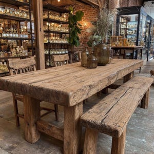 Peut inclure: Une table &agrave; manger rustique en bois avec un banc et des chaises assortis. La table est en bois &eacute;pais et vieilli, et le banc est plac&eacute; sur le c&ocirc;t&eacute; droit. L'arri&egrave;re-plan pr&eacute;sente des &eacute;tag&egrave;res remplies de bouteilles et de bocaux en verre.