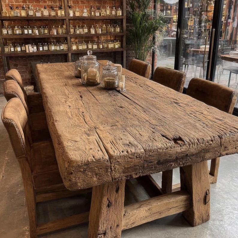 Peut inclure: Une grande table &agrave; manger en bois rustique avec une finition vieillie. La table est soutenue par des pieds &eacute;pais et robustes et entour&eacute;e de chaises en cuir marron. Des bocaux en verre et des bougies sont pos&eacute;s sur la table. En arri&egrave;re-plan, des &eacute;tag&egrave;res remplies de bouteilles.