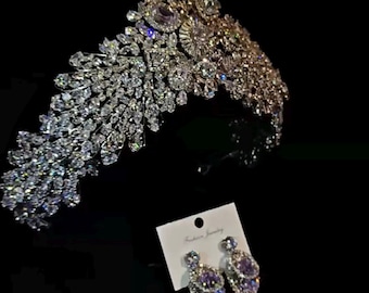Silver Rhinestone Bridal Tiara & Earrings Set, Luxury Crystal Baroque Wedding Crown Jewelry for Bride Pageant Prom