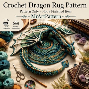 Pode incluir: Um padrão de tapete de dragão em crochê com o texto Crochet Dragon Rug Pattern, Pattern Only - Not a Finished Item e MrArtPattern. A imagem mostra um tapete de dragão azul e verde finalizado, novelos de lã, tesoura e livros.
