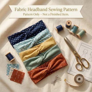 Może przedstawiać: Wykrój do szycia opasek z tkaniny z napisem Fabric Headband Sewing Pattern Pattern Only - Not a Finished Item. Zawiera pięć opasek w granatowe kropki, kwiaty, żółty wzór geometryczny, szałwiową zieleń i rdzawy wzór w strzałki oraz przybory do szycia.
