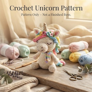 May include: A crochet unicorn pattern document featuring the text Crochet Unicorn Pattern and Pattern Only - Not a Finished Item. The image displays a beige crocheted unicorn toy with a colorful floral crown, a striped scarf, and a gold horn.