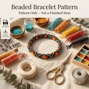 May include: A digital PDF beaded bracelet pattern featuring a geometric design in orange, yellow, black, and turquoise. Includes glass vials of matching seed beads, a spool of white thread, gold-tone scissors, and a white measuring tape.