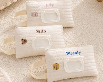 Personalized Baby Wipe Organizer, Custom Embroidered Quilted Wipe Pouch, Baby Christening Gift for Moms, Nursery Wipe Organizer