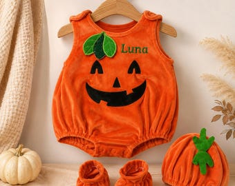 Personalized Pumpkin Baby Halloween Costume, Embroidered Name Romper Set (Hat, Booties)