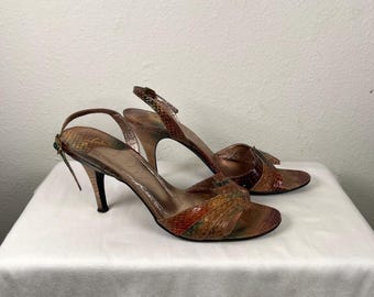 Vintage Gloria Vanderbilt Rainbow Multicolor Snakeskin Slingback Heels Size 8.5