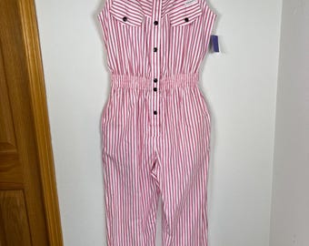 Macacão sem mangas Dreams vintage dos anos 80, novo com etiqueta, listrado em framboesa e branco, tamanho M.