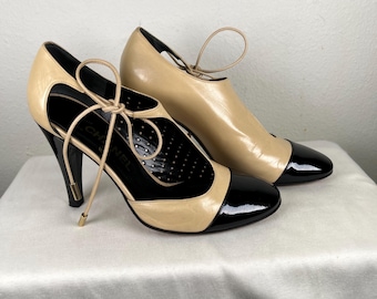 CHANEL Beige and Black Lace-Up Leather Stiletto Pumps Size 37