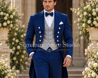 Royal Blue Tailcoat Suit for Men, Regency Wedding Outfit, Victorian Formal Suit, Groom Tuxedo, Prom & Party wear, Custom Made Suit