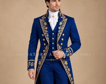Terno de fraque azul royal estilo Regência, com bordados dourados, ideal para casamentos steampunk masculinos, traje para noivo, fantasia histórica feita sob medida.