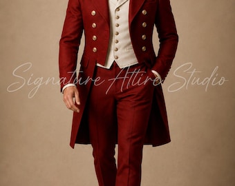 Men’s Burgundy Regency Tailcoat Suit – Victorian Wedding Tuxedo, Steampunk Formal Outfit, Gothic Gentleman Coat Set, Vintage Prom Attire